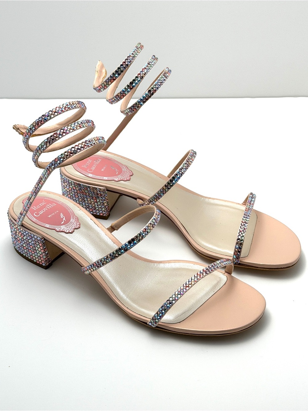 Rene Caovilla Pink Crystal-Strap Spiral Ankle Block Heels - SZ 38